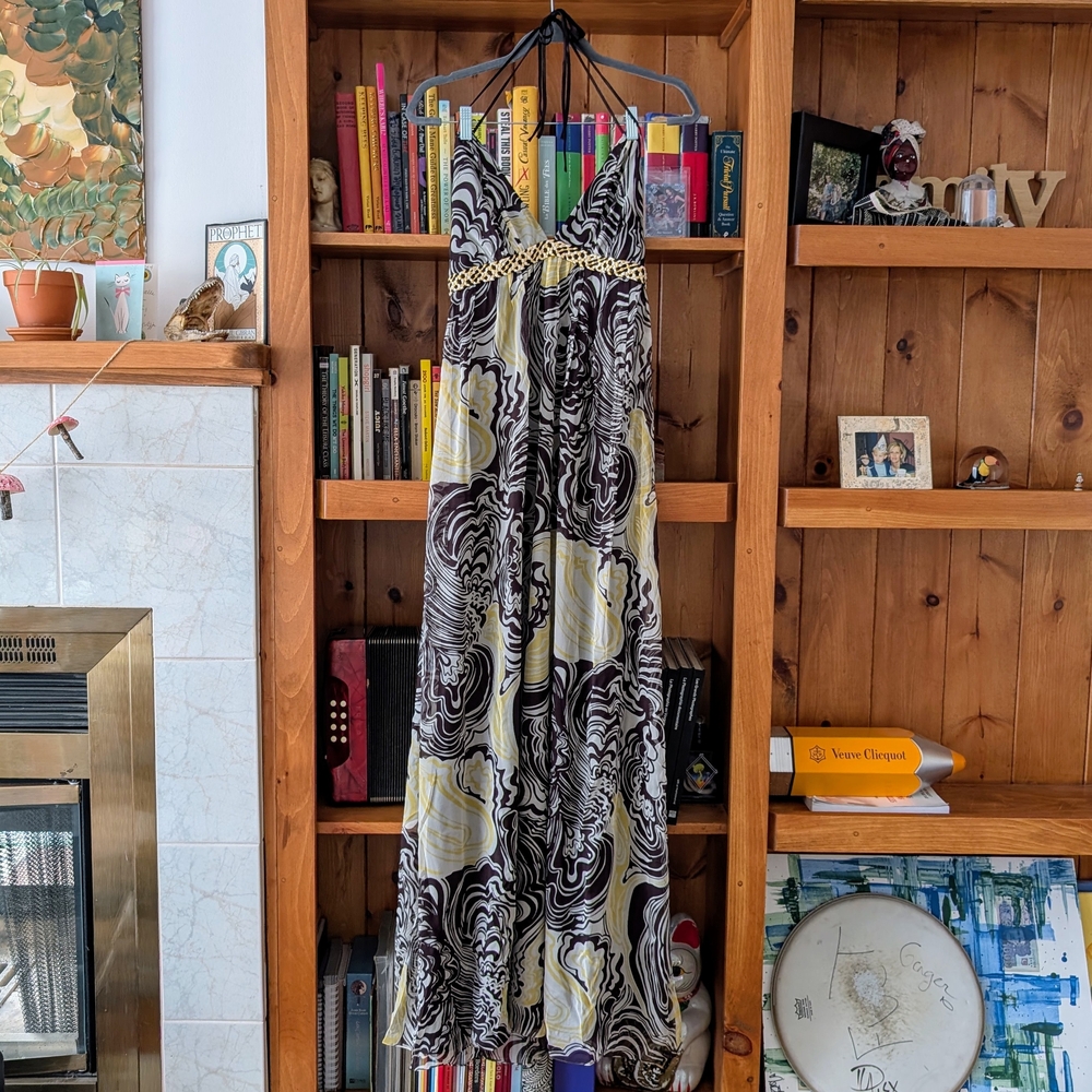 Elegant Brown and Yellow Maxi Dress NWT